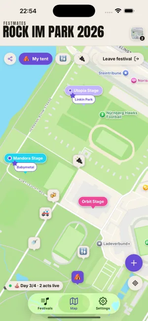 Festival map with stages, food spots and your own pins