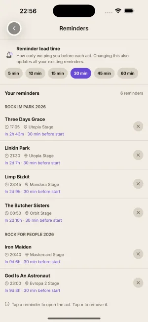Reminder list with custom lead time per set