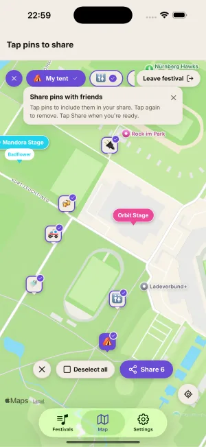 Pin sharing: tents, meet-points and food trucks