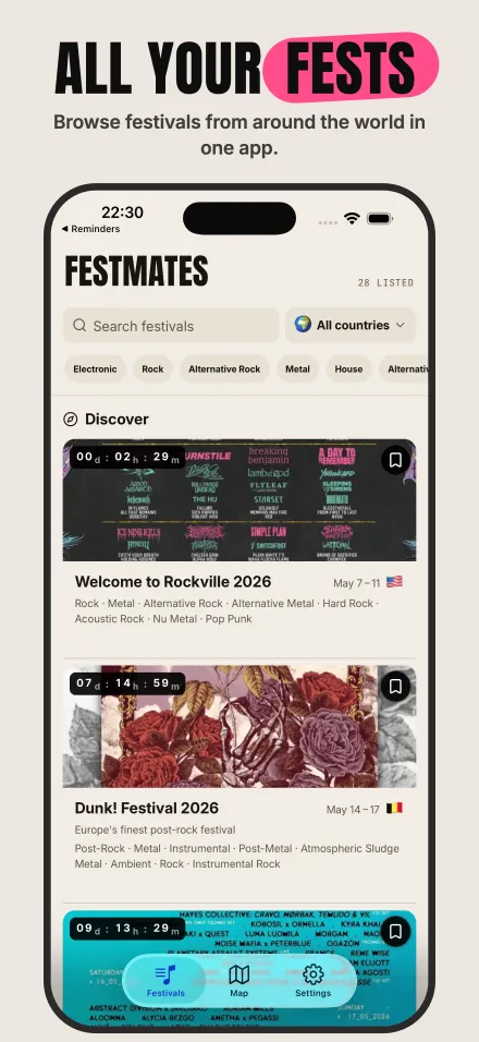 All your fests — browse festivals from around the world in one app