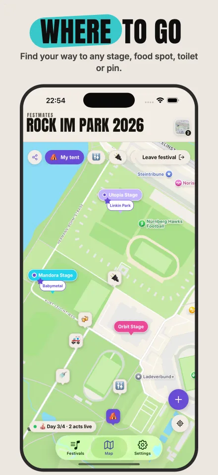Where to go — find your way to any stage, food spot, toilet or pin
