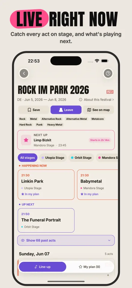 Live right now — catch every act on stage and what's playing next