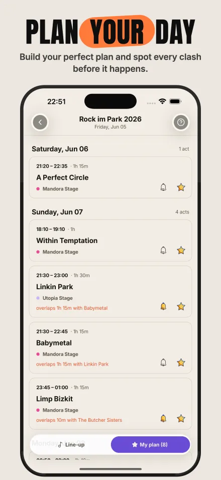 Plan your day — build a line-up and spot every clash before it happens