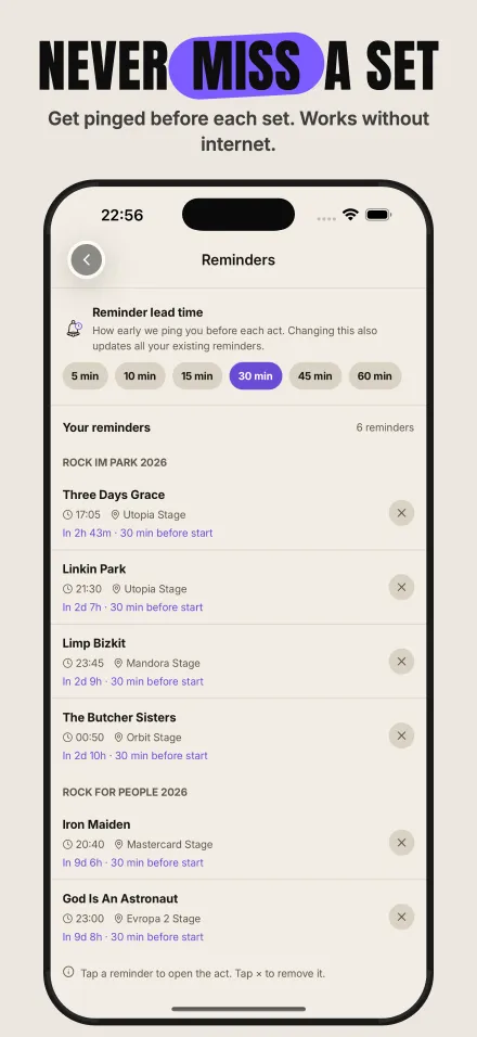 Never miss a set — get pinged before each act, works without internet