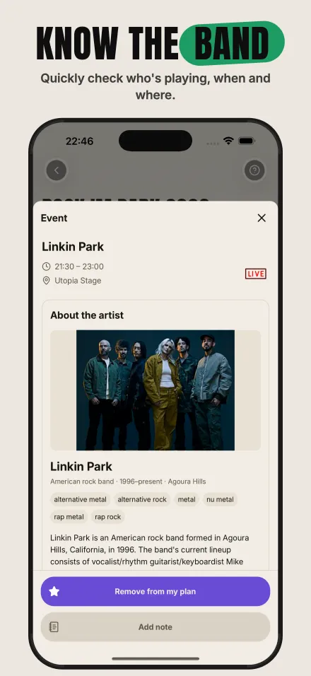 Know the band — quickly check who's playing, when and where