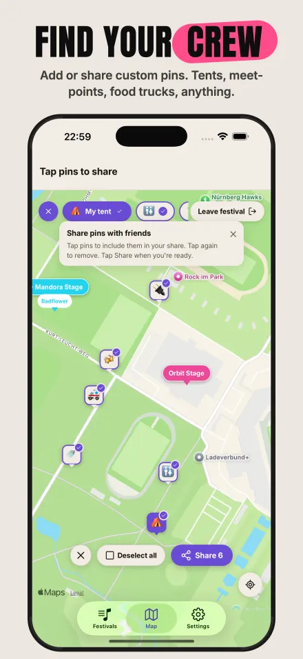 Find your crew — share custom pins for tents, meet-points and food trucks