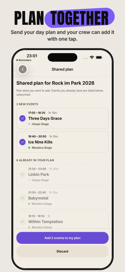 Plan together — send your day plan and your crew can add it with one tap